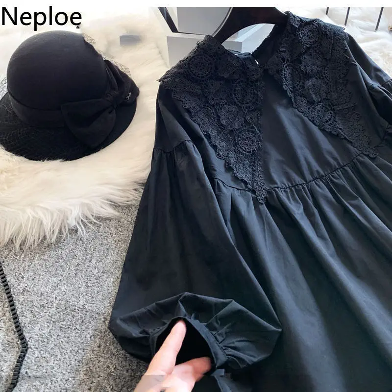 Neploe Oversized Blouse Women 2023 Blusas Mujer De Moda Crochet Lace Shirt Lantern Sleeve Loose Blouses Japanese Black Long Tops