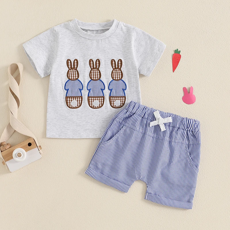 FOCUSNORM 0-3Y Casual Infant Baby Boys Easter Clothes Sets Short Sleeve Rabbit Embroidery T-Shirt + Shorts Set