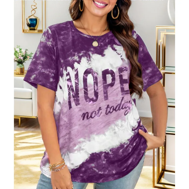 JY Plus Size Letter Print Top Colorblock Crew Neck Short Sleeve, O Neck, Leisure Time Ladies Tshirt Tops, Summer, 2024