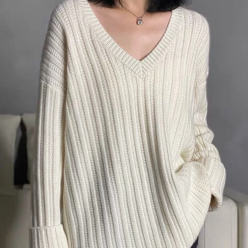 

Lazy Wind Sweater Women's Autumn and Winter V-neck Thick Loose Sweater Commuter Long Sleeve Bottoming Shirt