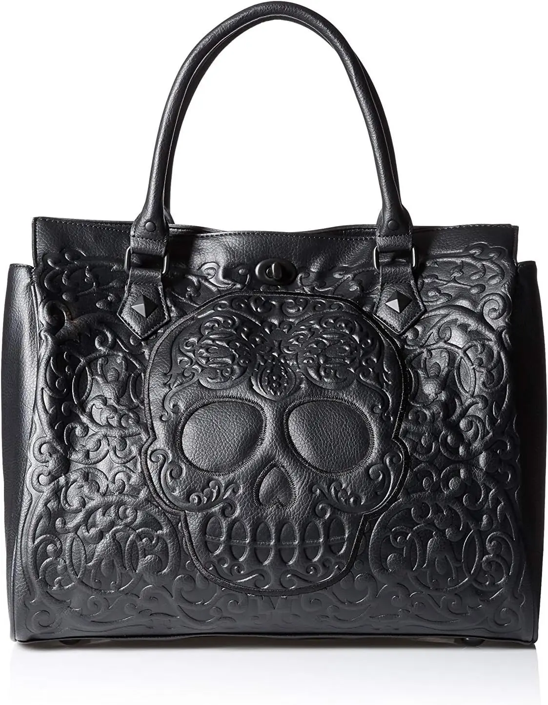 Black One Size Shoulder Tote Bag with Lattice Skull Pattern