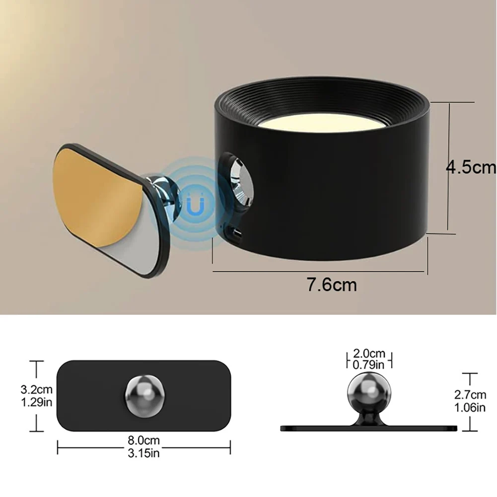 Lampu Dinding LED tanpa kabel, lampu baca kamar tidur, bola magnetik Putar 360 °, lampu tempat lilin terpasang di dinding tanpa kabel, dapat diisi ulang USB