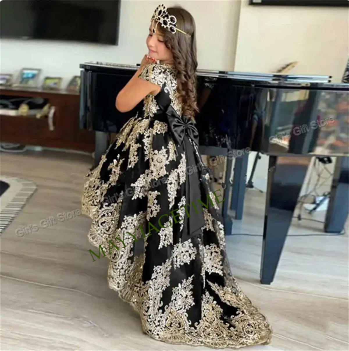 Vestido de princesa de flores para niña, manga corta, apliques dorados, vestidos de fiesta de cumpleaños para niña, vestidos de desfile, vestidos de boda