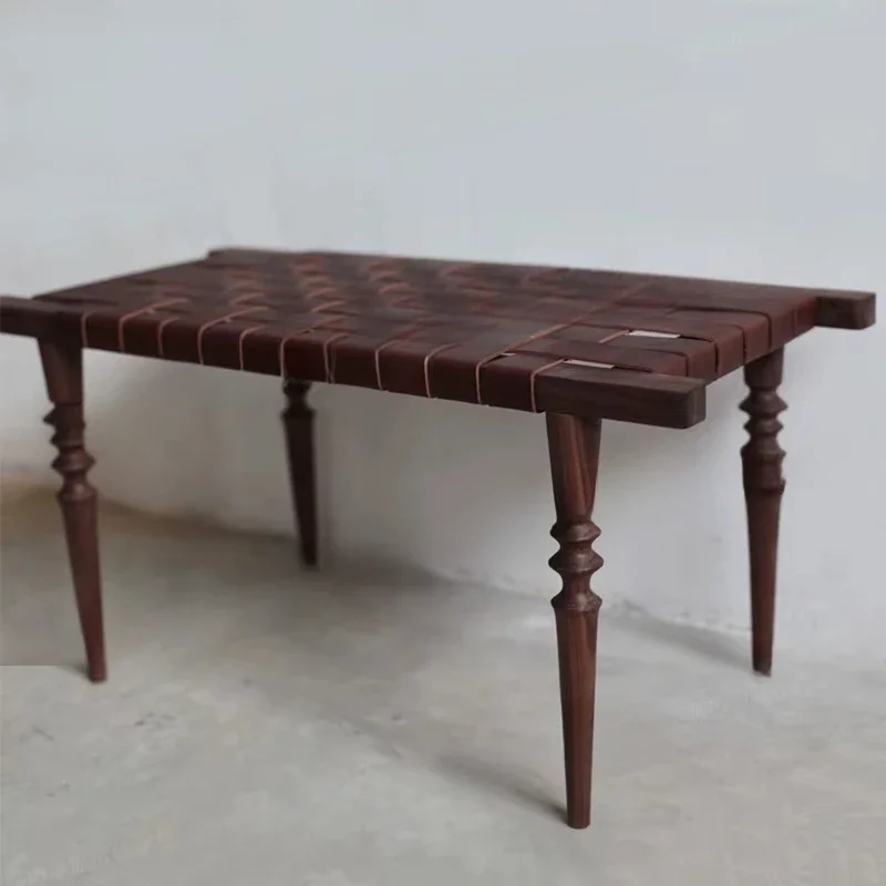 Solid wood saddle leather woven stool, retro home bench, bedside lamp, bench, doorstep, shoe changing bench