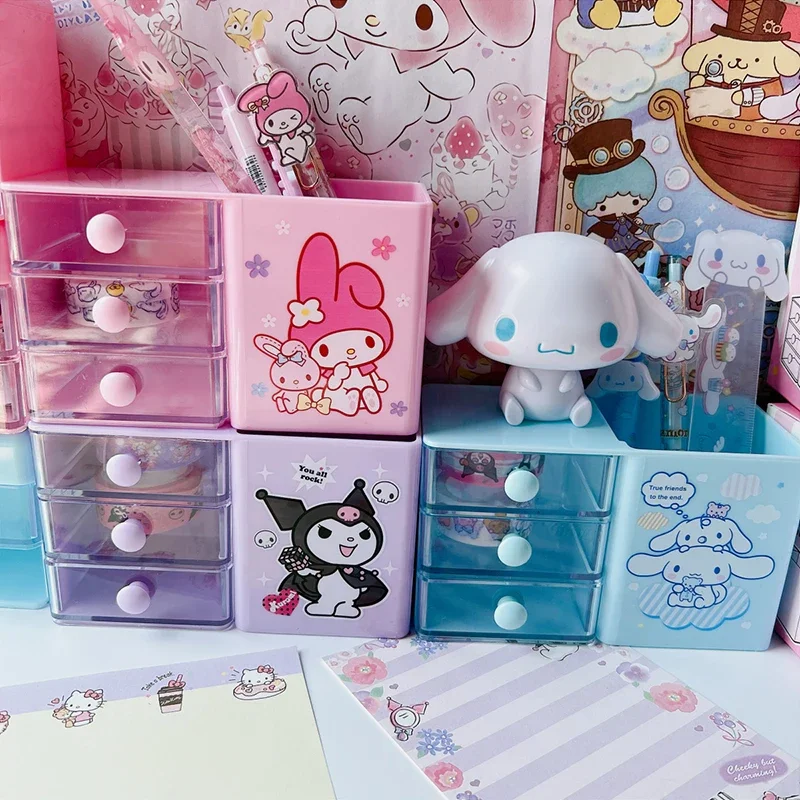 Sanrio Kuromi Storage Box with Pen Container Cute Cinnamoroll Melody Multilayer Drawer Desktop Stationery Storage Children Gifts