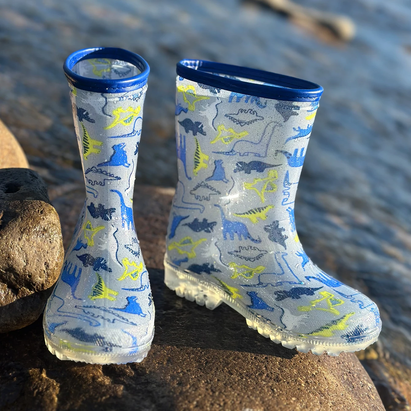 Botas de chuva de PVC para crianças, Sapatos de água antiderrapantes, Dinossauro Cinzento, Glitter, Impermeável, Resistente ao desgaste, Fácil de aplicar, Ao ar livre, Bonito
