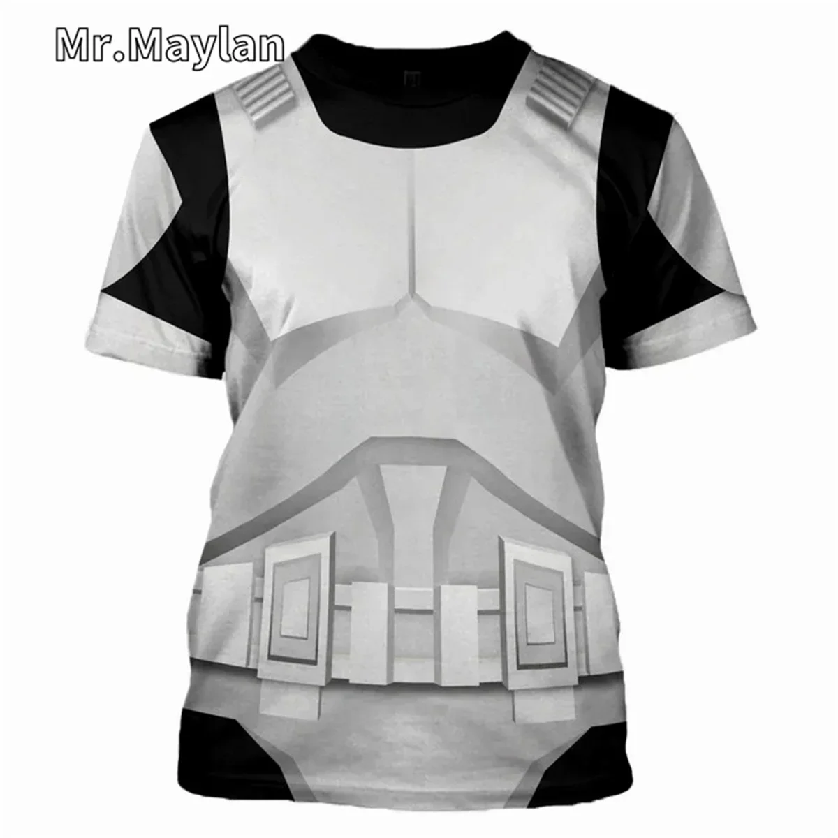 Sci‑Fi Futuristic Armor Cosplay Print Men’s Round Neck T‑shirt, Full‑Print Tech Warrior Costume‑Style Casual Short Sleeve Top