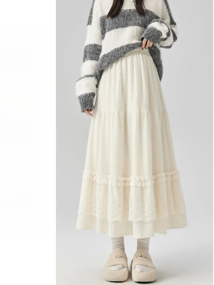 Princ Sle Gebreide f Rok Taart Ontwerp Zacht Plu Wit Kant Splitsen Herfst Winter Dames Faion Hoge Taille Paraplu...