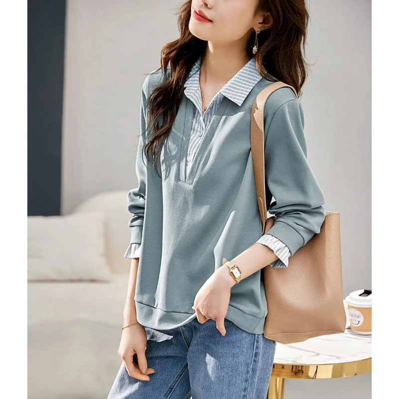 بلوفر نسائي بأكمام طويلة بياقة مقلوبة ، تيشيرت غير رسمي ، توبات مرقعة ، مخطط ، أزرار ، ألوان متباينة ، ملابس ربيعية وخريفية #2