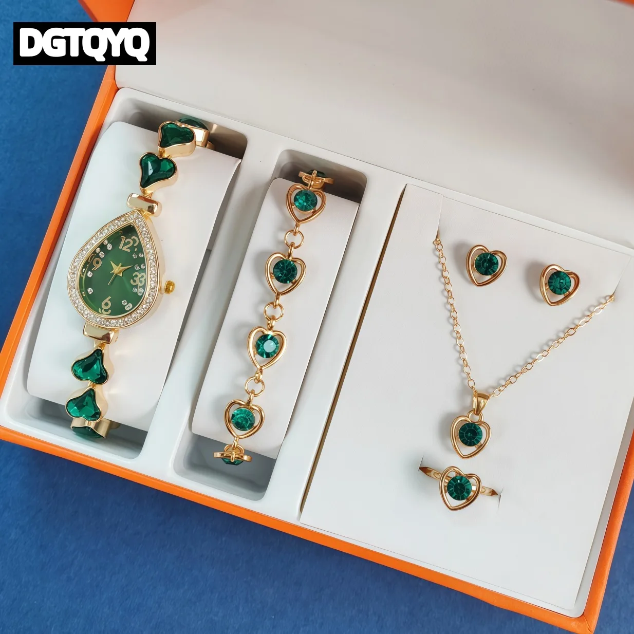 

5pcs/Set New Lady Watch Vintage Set Diamond Small Green Wristwatch for Women Rhinestone Jewelry Set No Box reloj para mujer