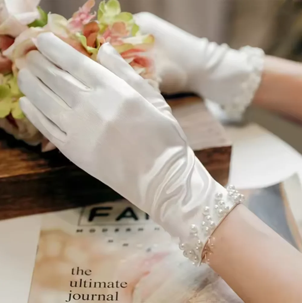 Guantes de boda de encaje de cristal para mujer, codo sin dedos, accesorio largo floral de marfil para novia