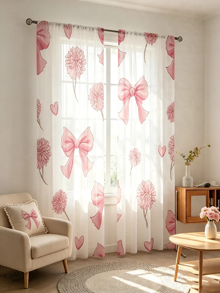 2PCS Digital Print Sheer Curtains Pink Bow Hydrangea Heart Print Sweet Girl A&B Sheer Window Curtains