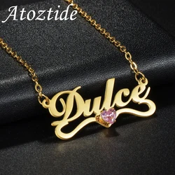 Atoztide Personalized Custom Name Necklace Heart BirthStone Pendant Stainless Steel for Women Men Link Chain Jewelry Gift