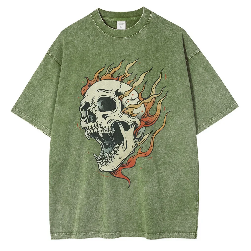 Men's Flame Skull Printed T-shirt Thick Cotton Washed T-shirt,Large Retro Top