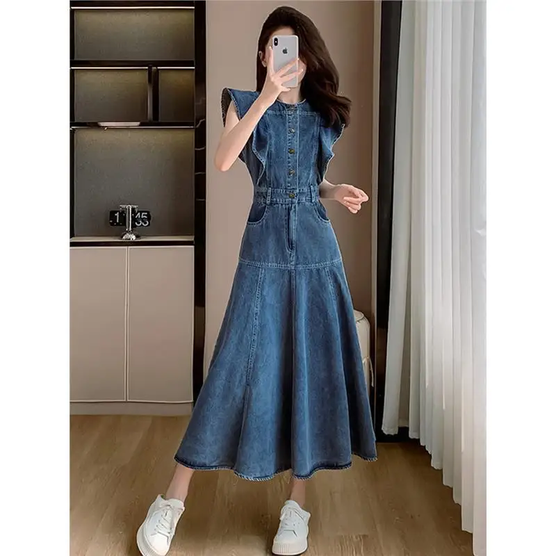 Summer New Design Sensation Women's Denim Dr Slim Waist Fi Tail Long Skirt Faionable A-Line Midi Dr without Sves