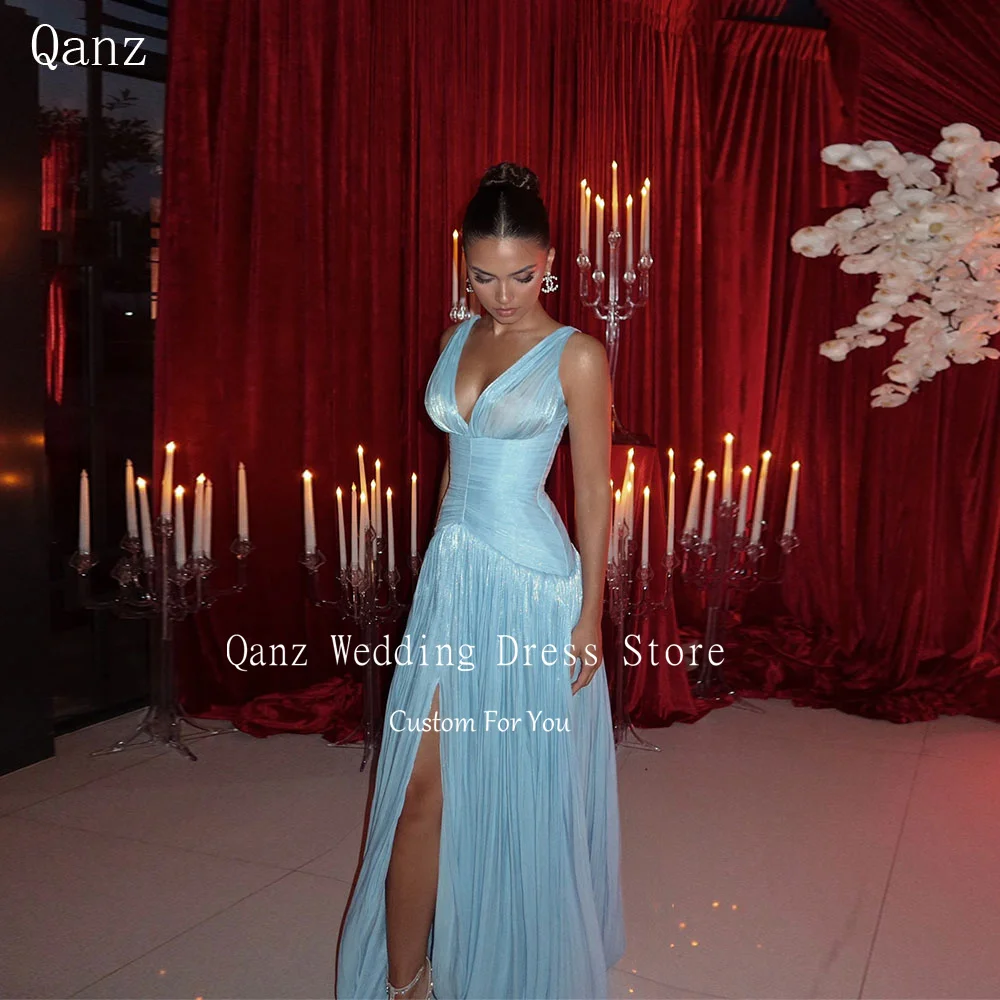

Qanz Blue High Slit Prom Dresses Spaghetti Straps Long Elegant Dresses For Special Event Saudi Araric Formal Occasion Customized