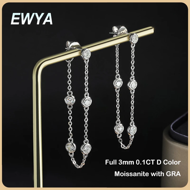 EWYA Sparkling Bubble D Color 0.1CT 3mm Full Moissanite Diamond Drop Earrings for Women S925 Silver Long Tassel Dangle Earring