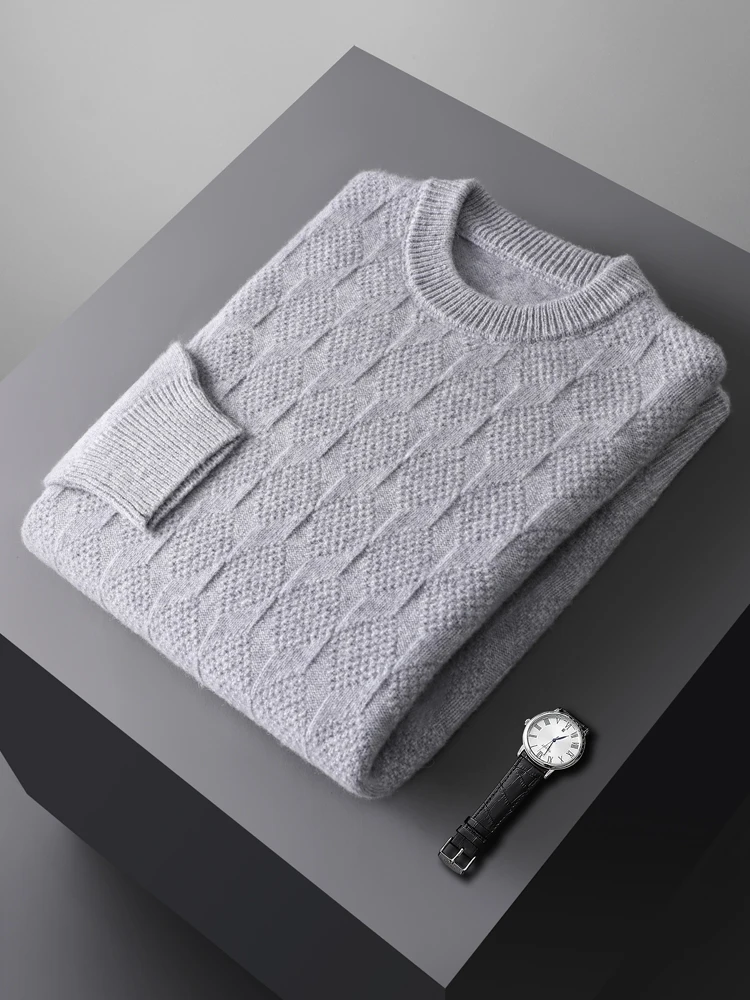 Men's 100% Merino Wool Knitted Jacquard Pullover Sweater Autumn Winter O-neck Casual  Clothing Solid Color Long Sleeve Warm Tops