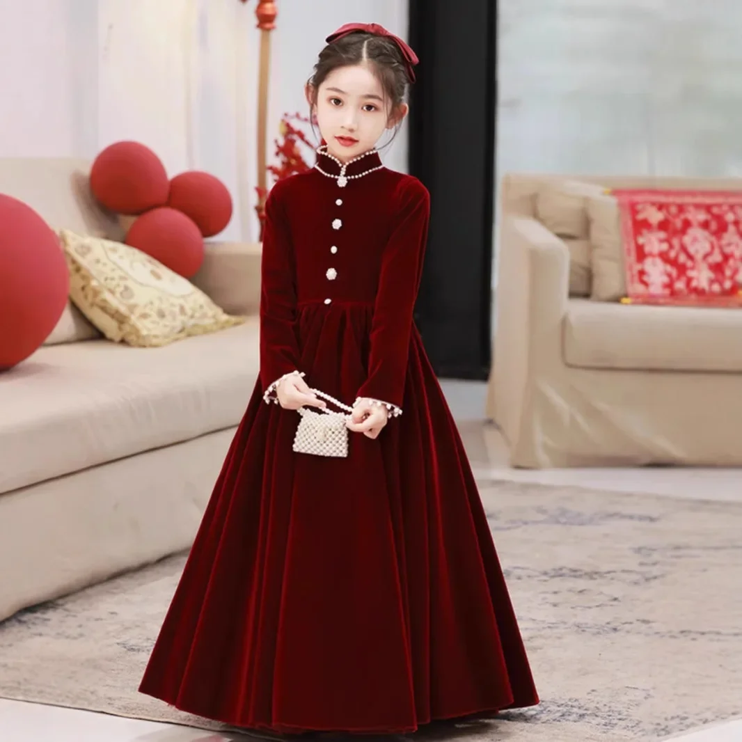 Children's Velvet Dress 2025 New Chinese Wine Red Catwalk Dresses Girl's Piano Performance Costumes Clothes for Kid Baby Vestido