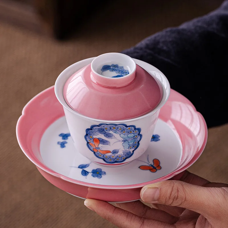 Hand-painted Butterfly Flower Three Cover Bowl Tea Bowl Teacup Single Household Ceramic Grasping Pot Is Not Hot