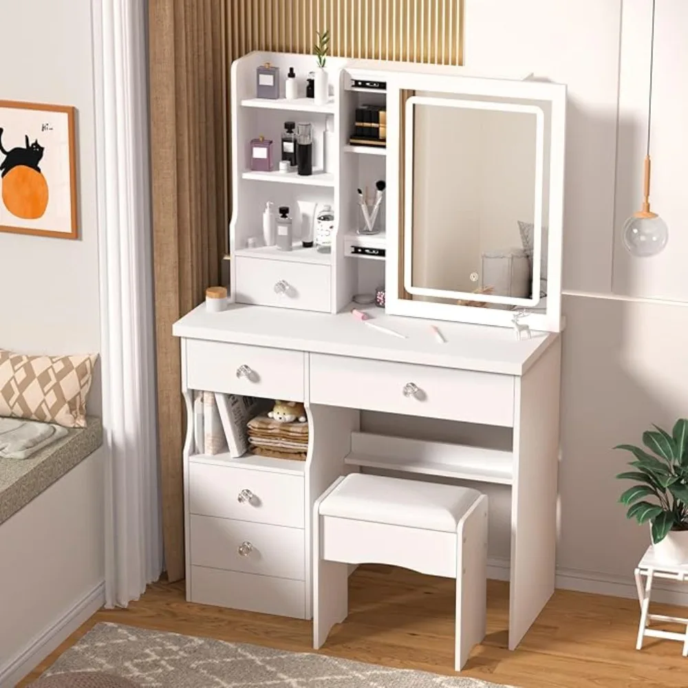 Makeup Vanity Desk with Mirror & Lights, Vanity Desk with 5 Drawers & Storage Shelves, Vanity Table, 3 Color Modes