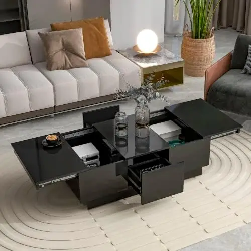 Extendable Coffee Table with Hidden Storage & 2 Drawers, High-Gloss Cocktail Center Table w/ Sliding Top for Living Room, Black