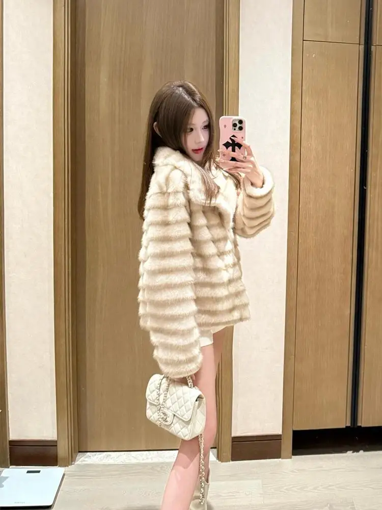 Umweltfreundlicher Plu-Pelzmantel für Damen, Faion, luxuriös, großer Kragen, Kaninchenfell-Oberbekleidung, Jugend-Winter, Thiened Long Sve-Mantel