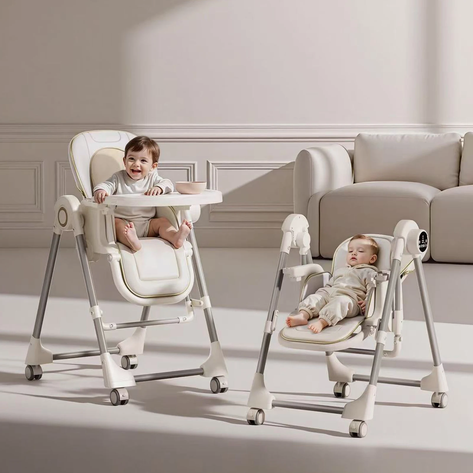 Chaise haute électrique à bascule pour bébé, avec télécommande, balançoire à 5 vitesses et aide au sommeil, chaise de salle à manger multifonctionnelle pliable avec roulettes