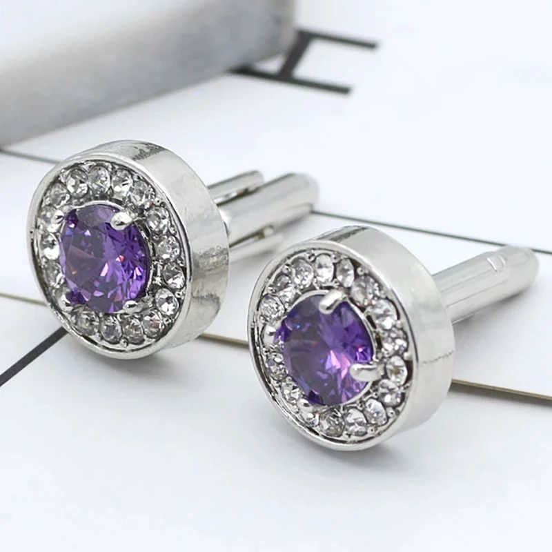 Delicate Tiny Round Cufflink For Men Boys Purple Crystal Luxury High Quality French Shirts Cuff Links Button Male Jewelry Gifts