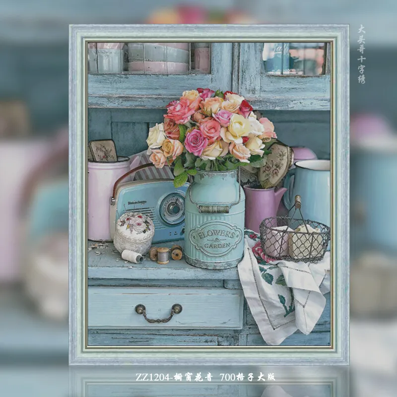 [ZZ1204-Window Flower Sound] DIY Printed Cross Stitch Embroidery Kit 14CT 16CT, Cotton Threads, Preprinted Fabric