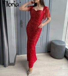 Floria Red Midi Long Celebrity Dress Cap Sleeve Tassel Ankle Length Beading Party Gowns Bride Wedding Events Dresses Sweetheart