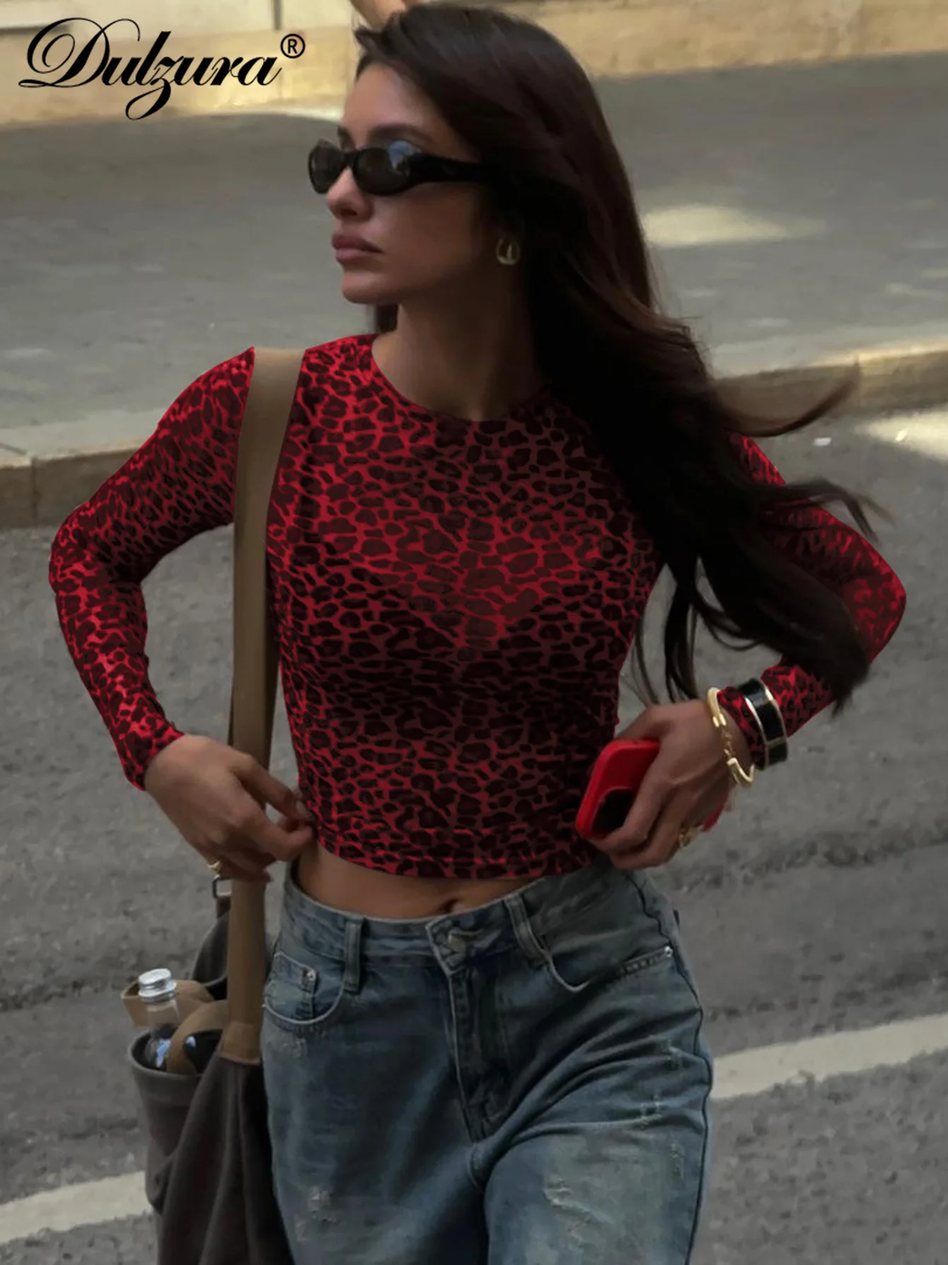 Dulzura Sexy Long Sleeves T Shirt Leopard Printed Mesh Crop Tops Bodycon Women Clothes Party Club Streetwear Drop Shipping Y2K