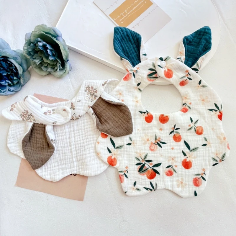 Rabbit Ears Baby Feeding Drool Bibs 4 Layers Crepe Infants Burp Cloth for Newborn Toddler Girls Boys