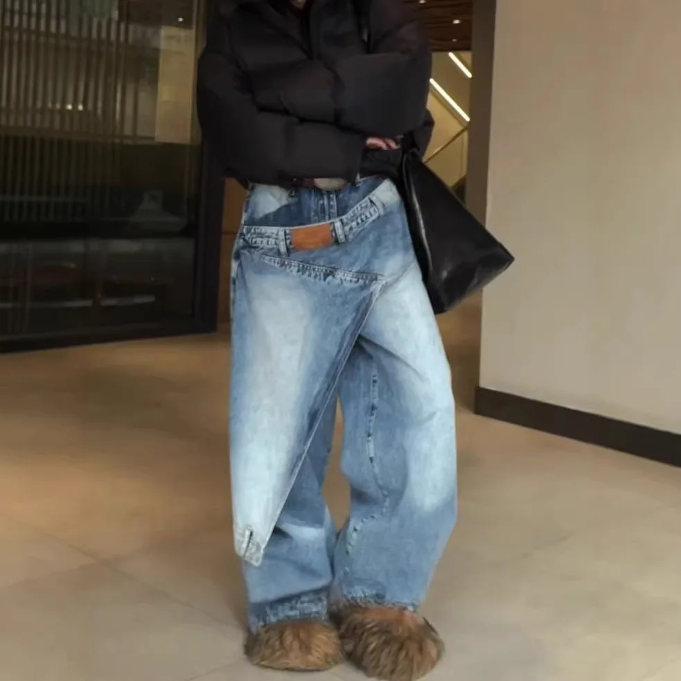 2026 New American Vintage Fake Two Piece Overlap Jeans For Women Y2K Baggy Loose Lazy Streetwear Denim Floor Length Pants
