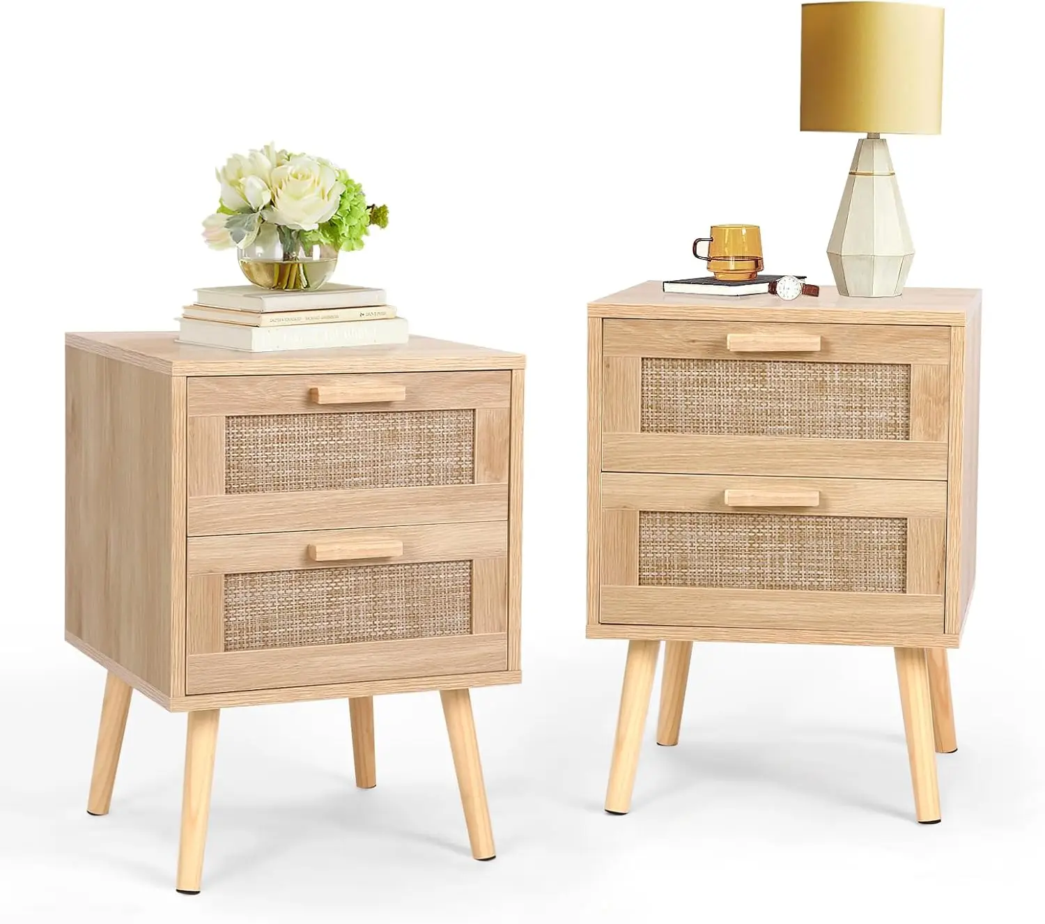 

Rattan Nightstand, End Table with 2 Drawers and Solid Wood Legs