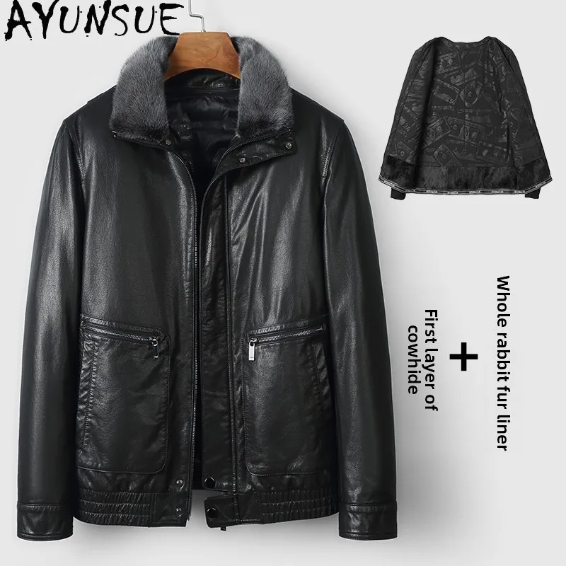 AYUNSUE 100% Real Cowhide Genuine Leather Jacket Men Winter Detachable Rabbit Fur Liner Coat Man Warm Fur Coats Puffer Jackets