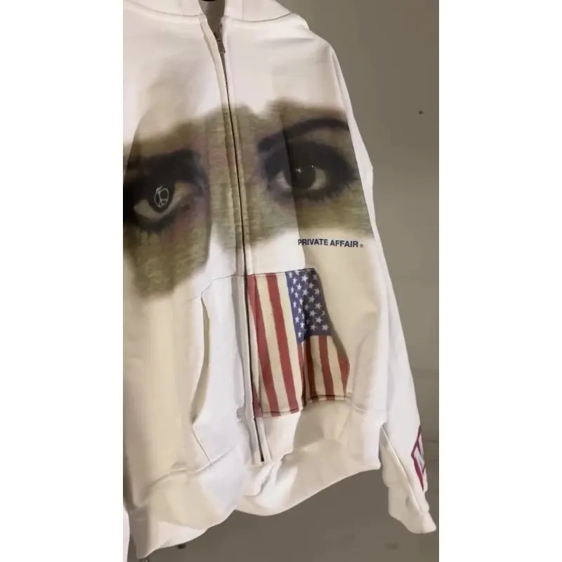 Oversized White Graphic Zip-Up Hoodie Women's 2025 Y2K Streetwear Jacket with Eye, Panther & USA Flag Print Fashion Outerwear