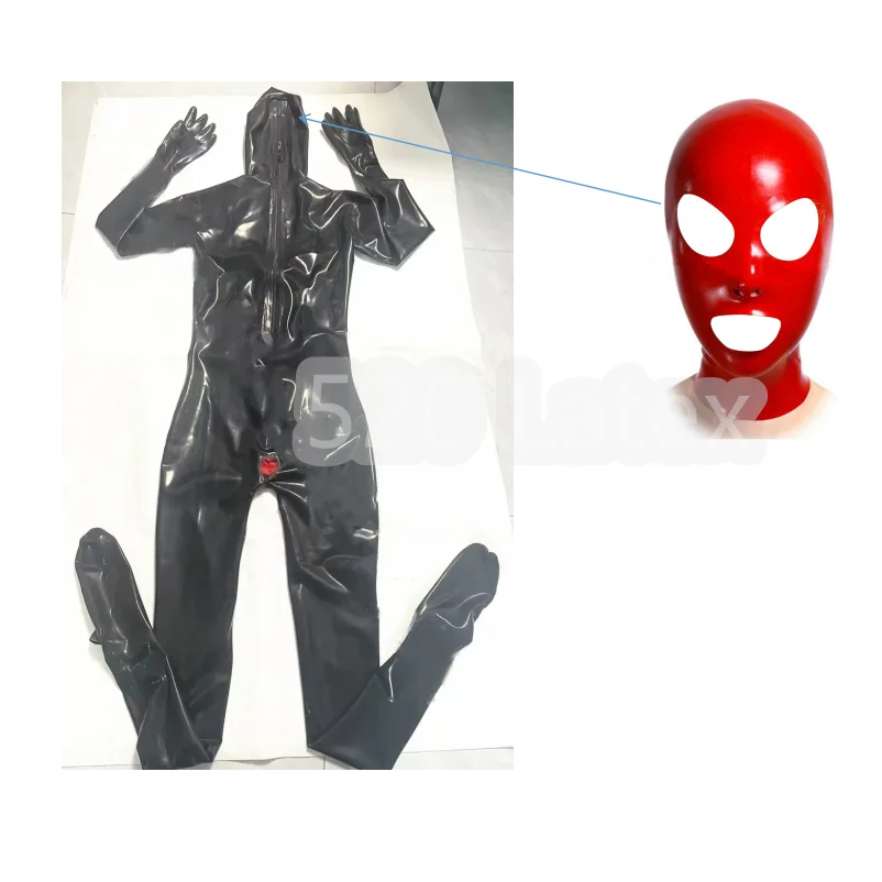 Full Cover Natural Latex Gummi Rubber Man Catsuit Attached Hood Open Mouth Eyes  And Noses with Back Red Sheath  Back Zipper