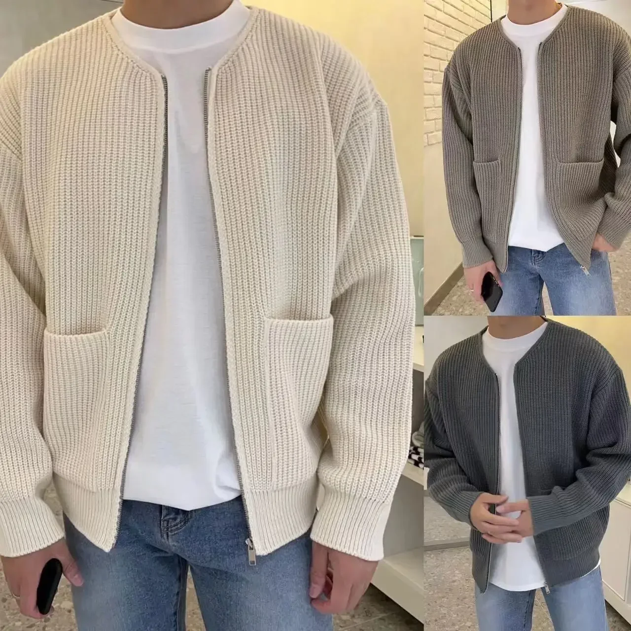 Autumn Winter Solid Color Simple Cardigan Coat Hombre Round Neck Zipper Pocket All-match Knitted Top Male Outwear Female Clothes