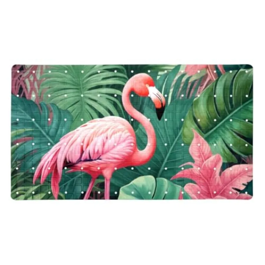

Bath Tub Mat Non Slip 15.1 x 26.8 Inch Eco Friendly Bathmat with Suction Cups Drain Holes Shower Tub Mats Pink Flamingo Tropica