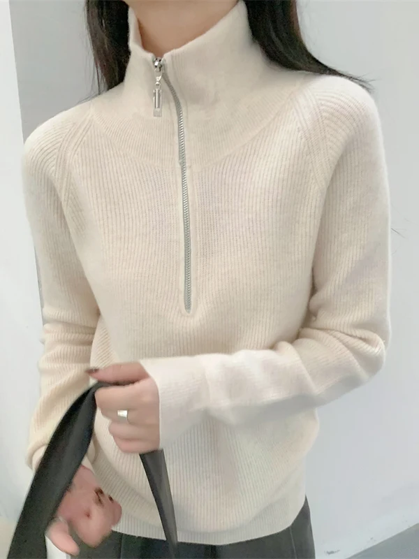 

Женский повседневный свободный вязаный кашемировый свитер с воротником на молнии и лацканами, 100% кашемировая нижняя рубашка на осень-зиму