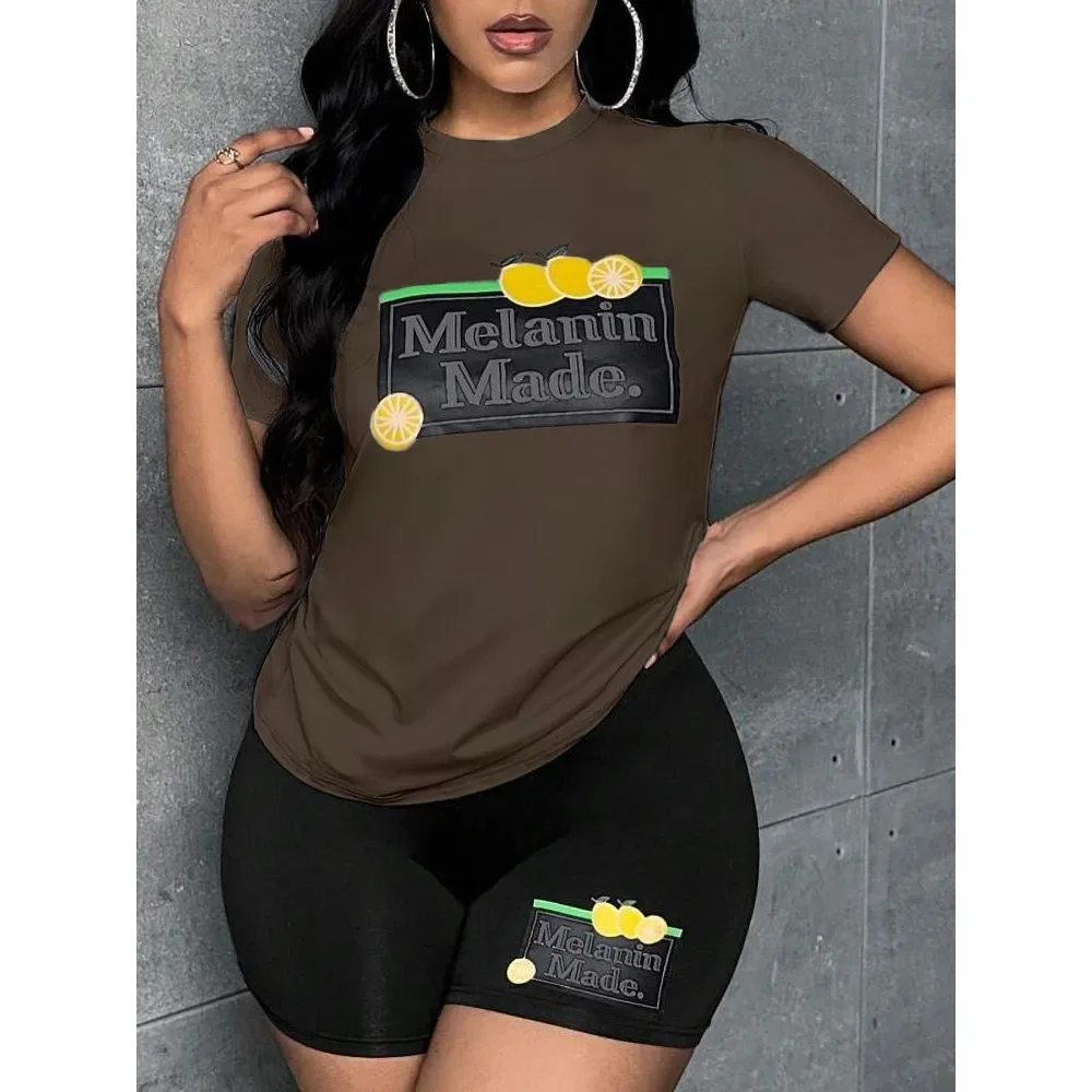 

Plus Size 1XL-5XL Spring Summer Women's Fashion 2-piece Set Short Sleeved T-shirt & Printed Shorts Suit Women Casual Sets