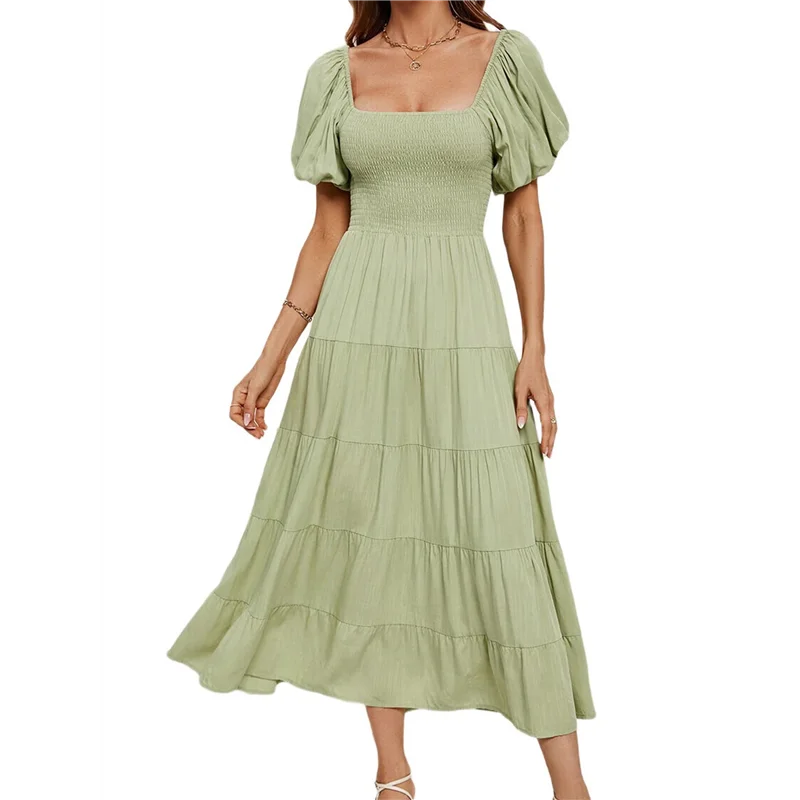 ผู้หญิงฤดูร้อนสบายๆชุด Midi Puffy แขนสั้นสแควร์คอ Smocked ฉัตร Ruffle ชุด