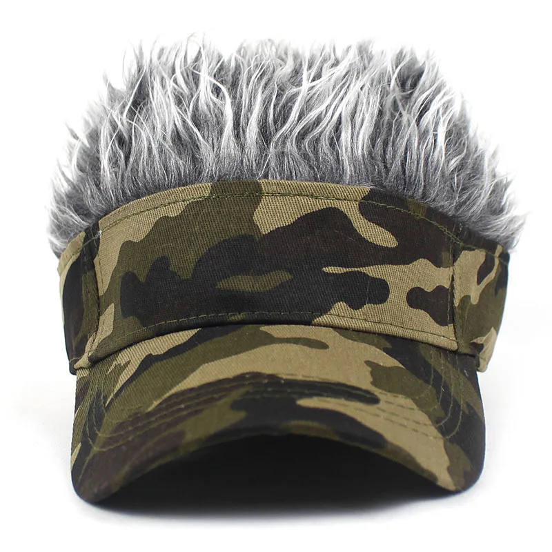 Summer Outdoor Armygreen Camouflage Print Sunshade Sunhat Baseball Cap Spiked Hairs Wig Hat Men Jungle Sports Cycling Hiking Cap