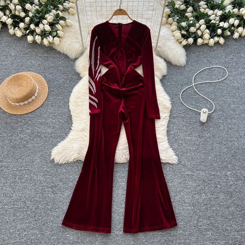 Niche Light Luxury Heavy industry Hot Stamping Splicing Long Sleeved V-neck Fashion Gold Velvet Jumpsuit Women's High-end Dress