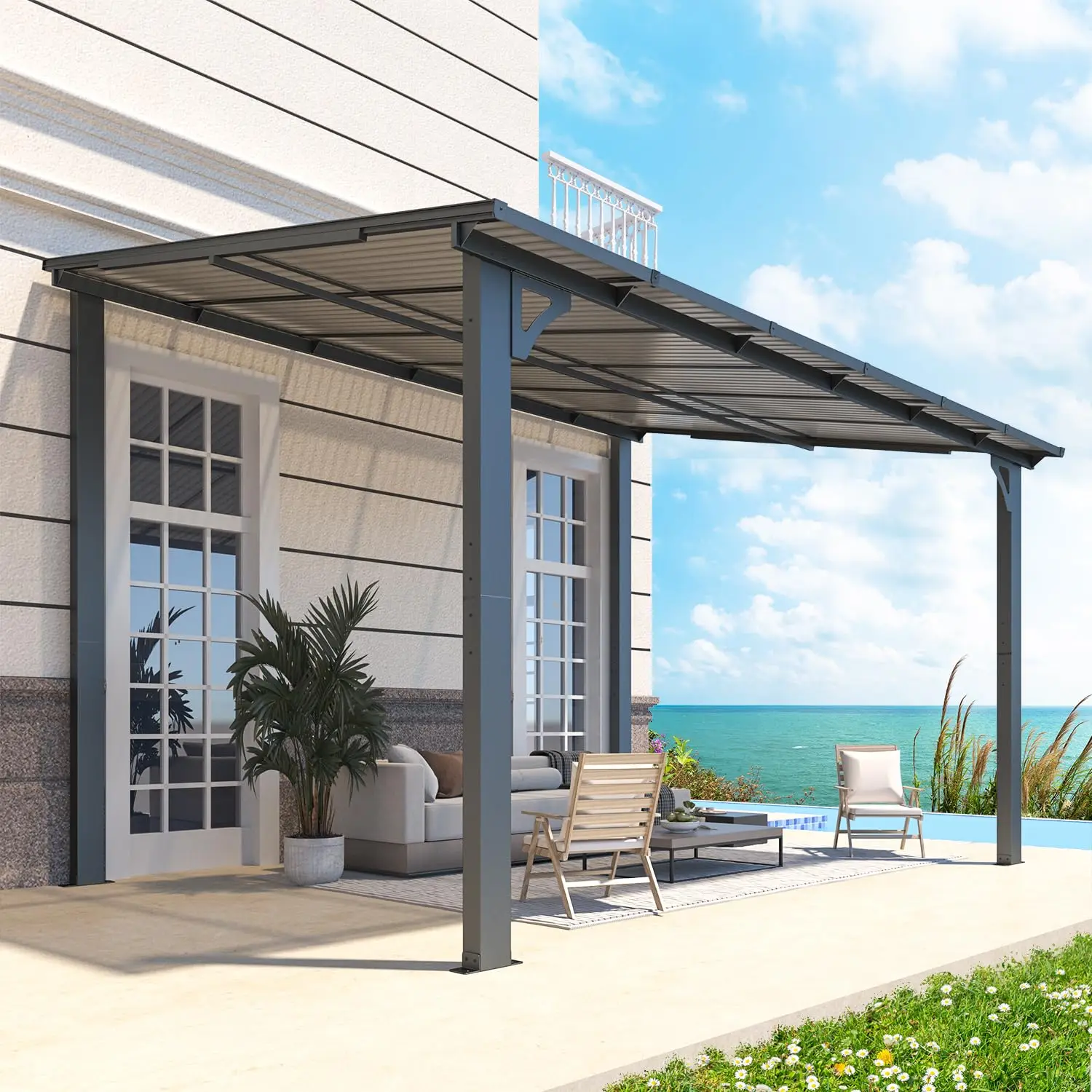 12' x 8' Wall-Mounted Hard Top Gazebo Pergola with Patio Roof Shelter, Heavy Duty Lean to Awning for Deck Backyard, Customized