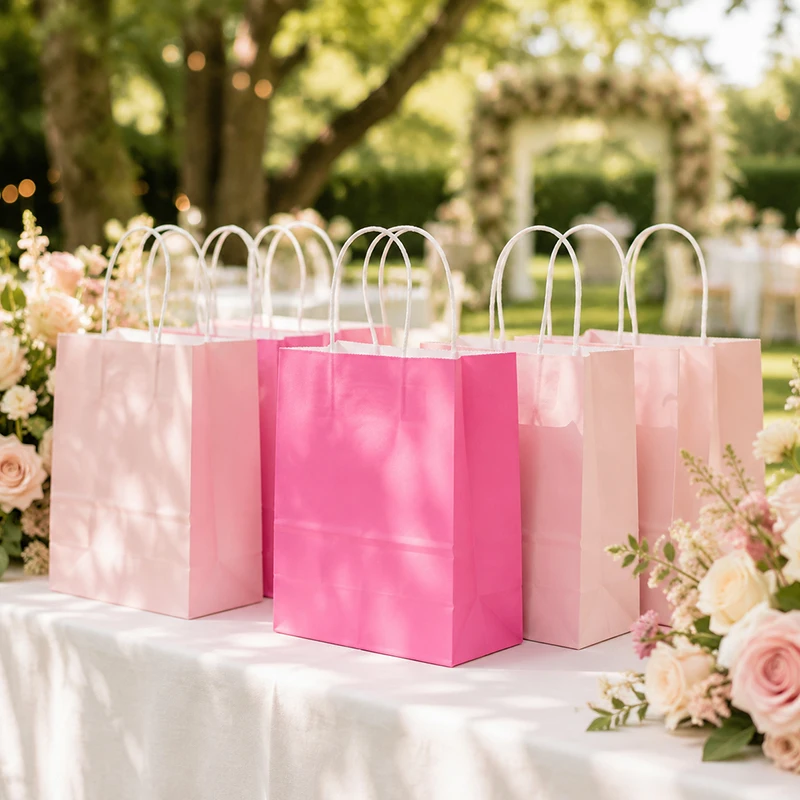 24PCS Elegant Rosered Pink Paper Tote Bags Small Vertical Style With Handles Suitable For Holiday Presents Boutique Shopping ZYF