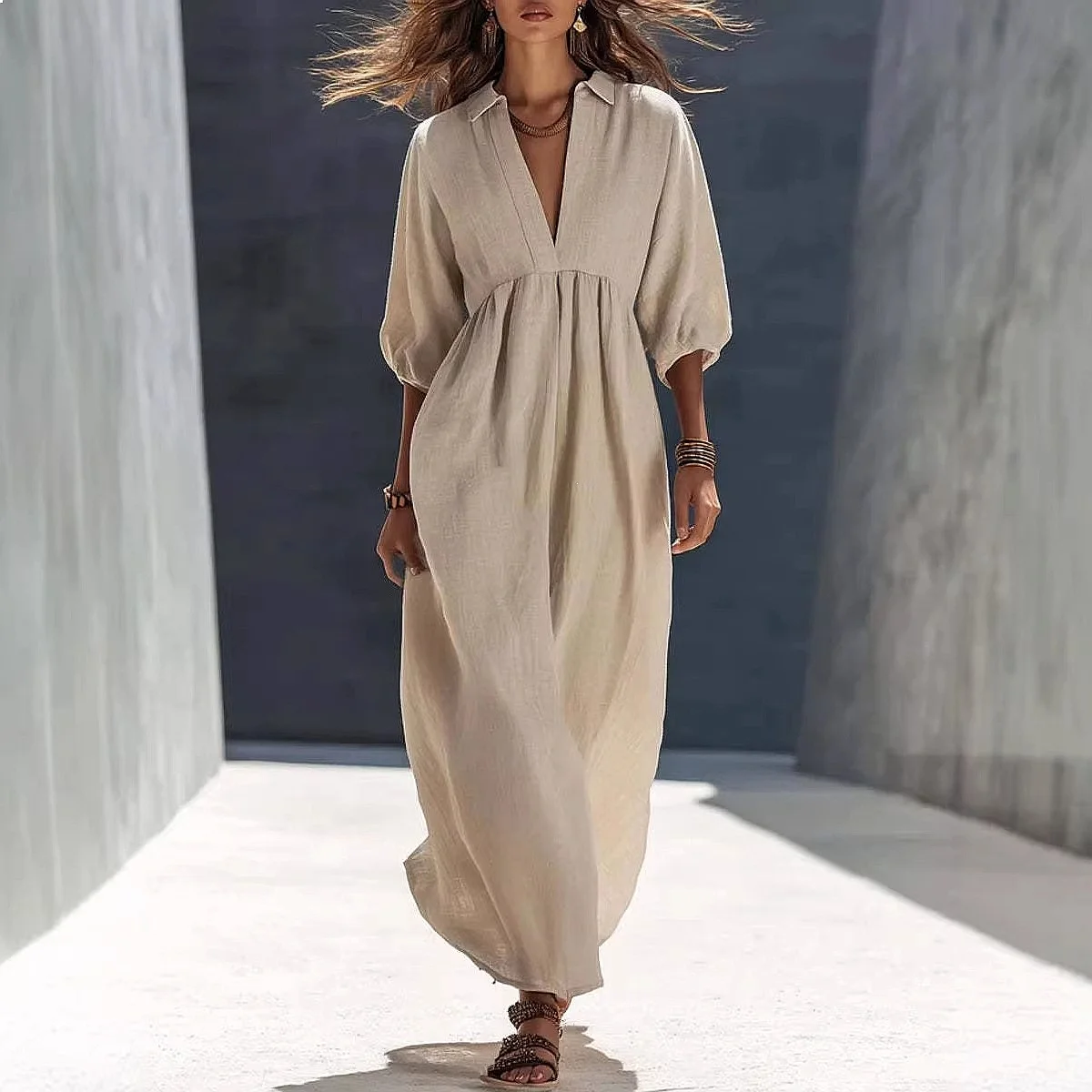 

Spring Summer Casual Vintage V Neck Dress Dresses with Pockets 3/4 Sleeve Loose Women Jumpsuit Overalls Playsuit
