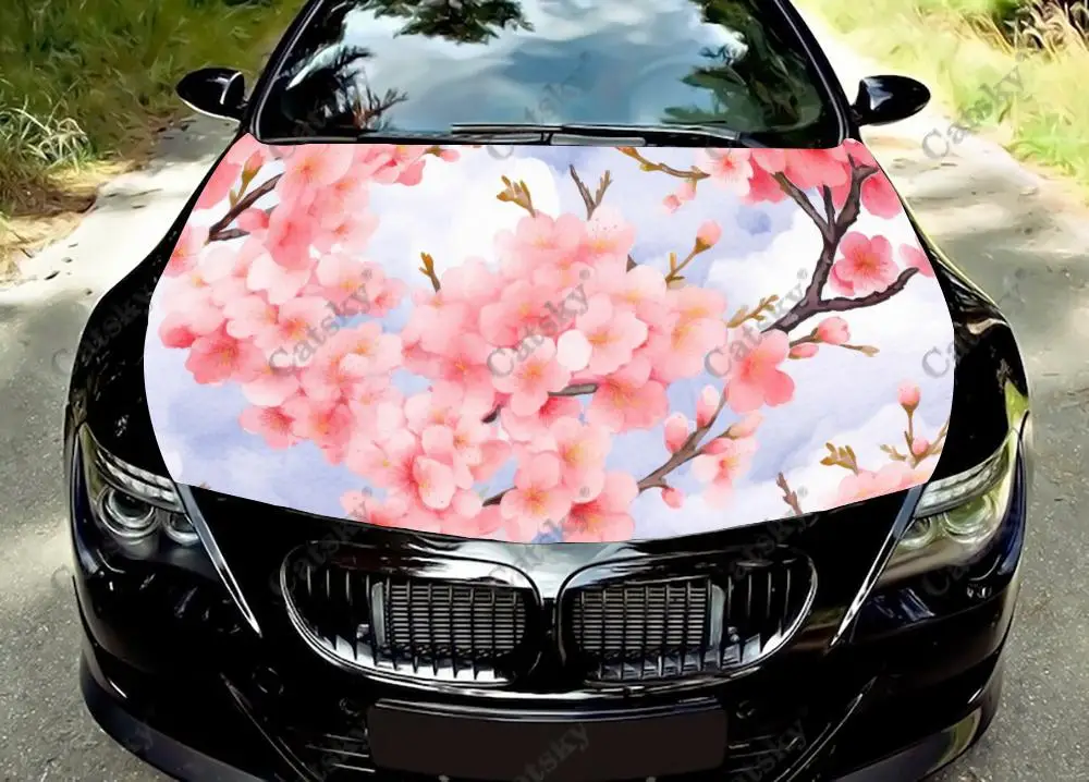 Watercolor Cherry Blossom Branches Car Hood Vinyl Stickers Wrap Vinyl Film Engine Cover Decals Sticker on Car Auto Accessories