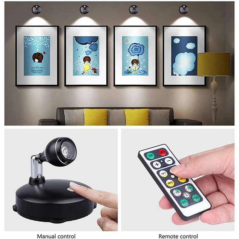 ABUP-Wireless Spotlight Indoor,Battery Operated Accent Lights Art Lights For Paintings,LED Wall Light With Remote (4 Pack, B)